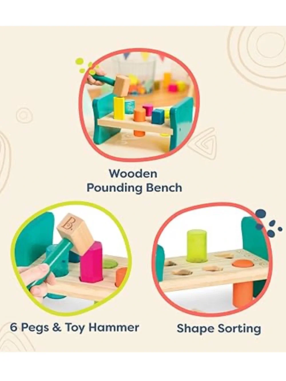 B Toys Wooden Shape Sorting Bench with Hammer and Pegs - NEW